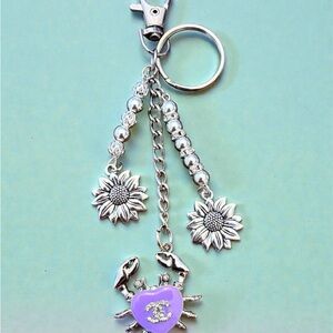 Chanel Silver and Purple Crab zipper pull Keychain with Sunflower Accents